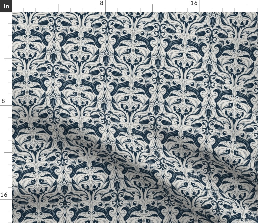 Rococo Inspired Textured Damask - blue and tan cream - small scale