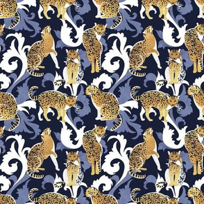 Tiny scale // Love the wild fishing cat // navy blue background with rococo inspiration blue vegetation golden spotted animals