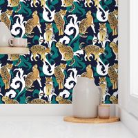 Tiny scale // Love the wild fishing cat // navy blue background with rococo inspiration pine green vegetation golden spotted animals