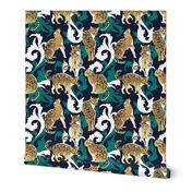 Tiny scale // Love the wild fishing cat // navy blue background with rococo inspiration pine green vegetation golden spotted animals