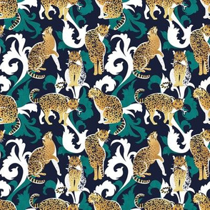 Tiny scale // Love the wild fishing cat // navy blue background with rococo inspiration pine green vegetation golden spotted animals