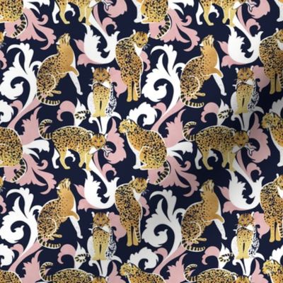  Tiny scale // Love the wild fishing cat // navy blue background with rococo inspiration blush pink vegetation golden spotted animals