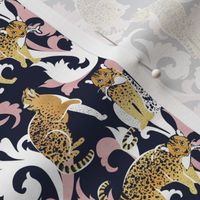  Tiny scale // Love the wild fishing cat // navy blue background with rococo inspiration blush pink vegetation golden spotted animals