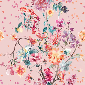 Chinoiserie floral bouquet watercolor - Pink - Chinoiserie Floral Wallpaper