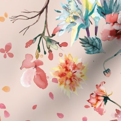 Chinoiserie floral bouquet watercolor - Rose quartz - Chinoiserie Floral Wallpaper