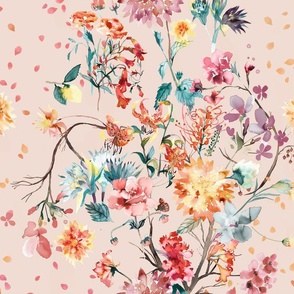 Chinoiserie floral bouquet watercolor - Rose quartz - Chinoiserie Floral Wallpaper