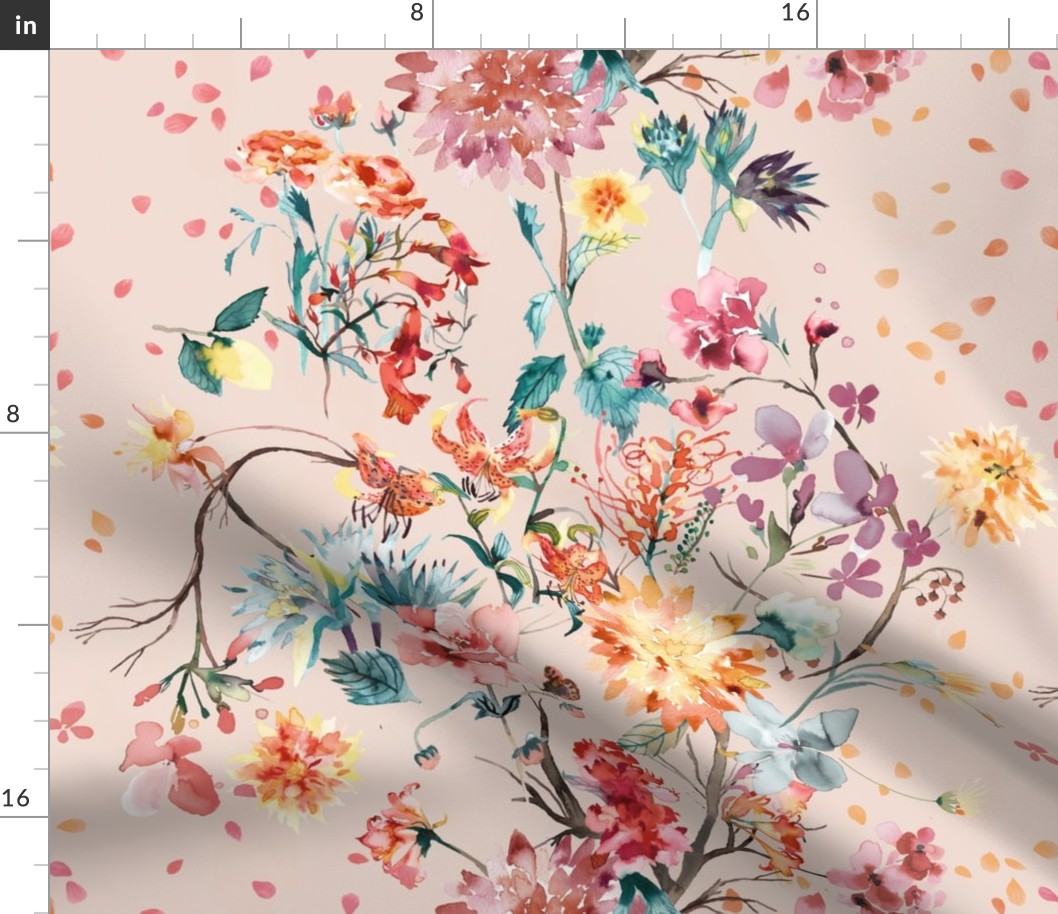 Chinoiserie floral bouquet watercolor - Rose quartz - Chinoiserie Floral Wallpaper