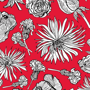 Inked Dried Flowers, Wallpaper sized, red