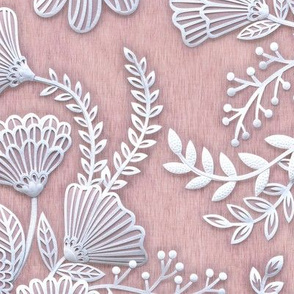 Paper Cut Flowers Faux Texture- Romantic Floral Rococo Large Scale- Home Decor- Mauve- Rose- Pink- Jumbo Scale Botanical Wallpaper
