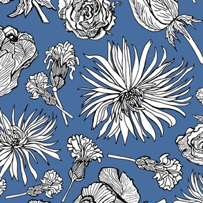 Inked Dried Flowers, Wallpaper sized, blue