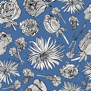 Inked Dried Flowers, Tablecloth sized, blue