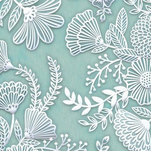 Paper Cut Flowers Faux Texture- Romantic Floral Rococo Medium- Home Decor- Mint Green