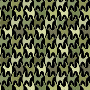 small scale cats - pepper cat green tones on black - geometric cats
