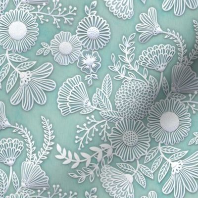 Paper Cut Flowers Faux Texture- Romantic Floral Rococo Small Scale- Face Mask- Mint Green