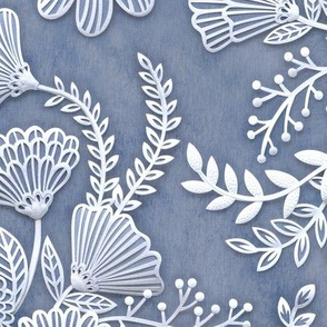 Paper Cut Flowers Faux Texture- Romantic Floral Rococo Large Scale- Home Decor- Multicolored- Slate- Blue Gray- Jumbo Scale Botanical Wallpaper