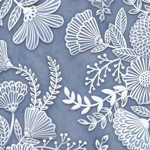 Paper Cut Flowers Faux Texture- Romantic Floral Rococo Medium- Home Decor- Slate- Blue Gray