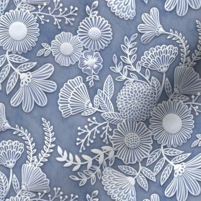 Paper Cut Flowers Faux Texture- Romantic Floral Rococo Small Scale- Face Mask- Slate- Blue Gray