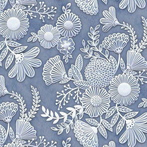 Paper Cut Flowers Faux Texture- Romantic Floral Rococo Small Scale- Face Mask- Slate- Blue Gray