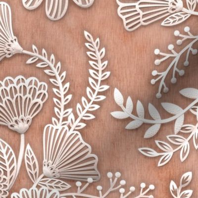 Paper Cut Flowers Faux Texture- Romantic Floral Rococo Large Scale- Earth Toned- Home Decor- Sienna- Copper- Burnt Orange- Fall -Autumn- Jumbo Scale Botanical Wallpaper