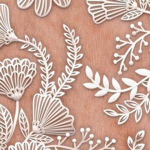 Paper Cut Flowers Faux Texture- Romantic Floral Rococo Large Scale- Earth Toned- Home Decor- Sienna- Copper- Burnt Orange- Fall -Autumn- Jumbo Scale Botanical Wallpaper