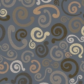 Swirals Rococo-tans, black, creams, texture. Gray BackGround-medium scale 
