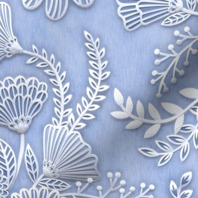 Paper Cut Flowers Faux Texture- Romantic Floral Rococo Large Scale- Home Decor- Periwinkle Blue- Jumbo Scale Botanical Wallpaper