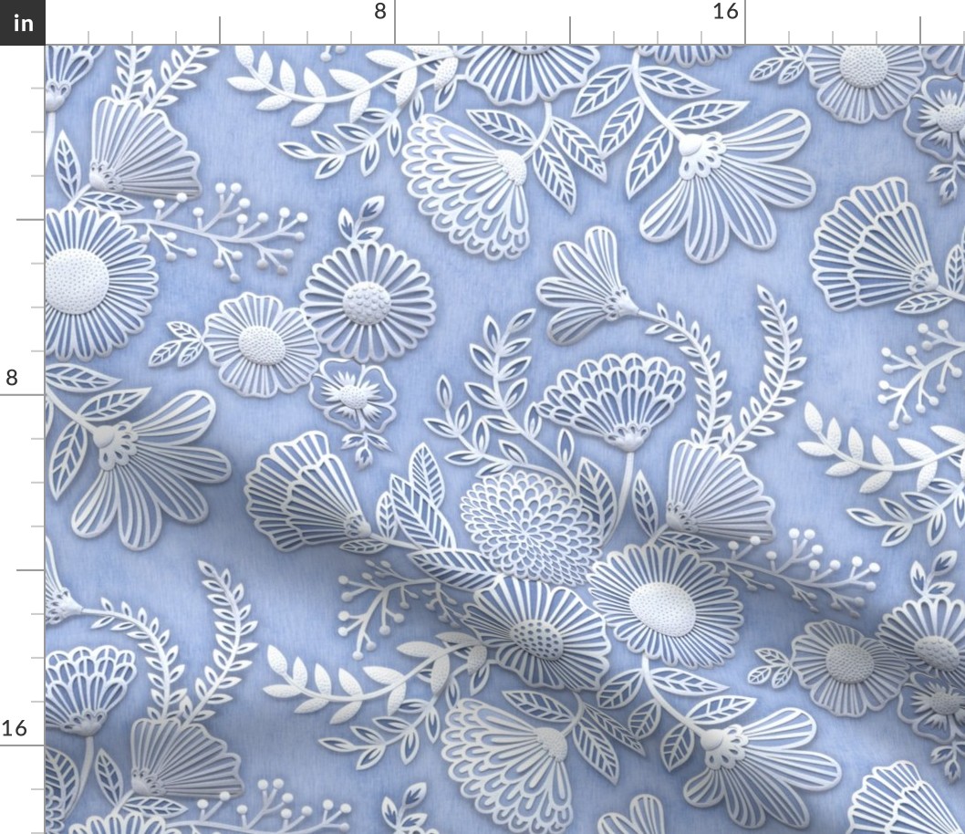 Paper Cut Flowers Faux Texture- Romantic Floral Rococo Large Scale- Home Decor- Periwinkle Blue- Jumbo Scale Botanical Wallpaper