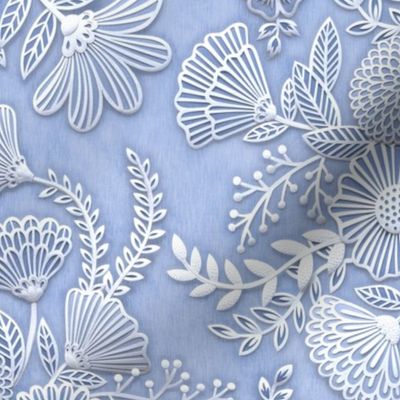 Paper Cut Flowers Faux Texture- Romantic Floral Rococo Medium- Home Decor- Periwinkle Blue