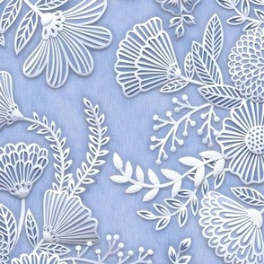 Paper Cut Flowers Faux Texture- Romantic Floral Rococo Medium- Home Decor- Periwinkle Blue