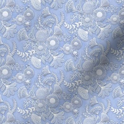 Paper Cut Flowers Faux Texture- Romantic Floral Rococo Mini- Small Scale- Face Mask- Periwinkle Blue