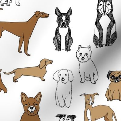 LARGE  dogs fabric - pet dog design, cute hand drawn dog illustration fabric