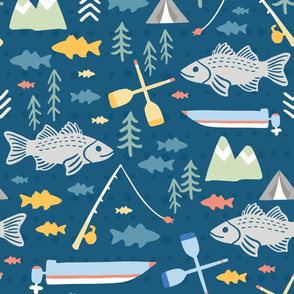 Large Day At The Lake Fishing Boating Mountains Boys Room Wallpaper