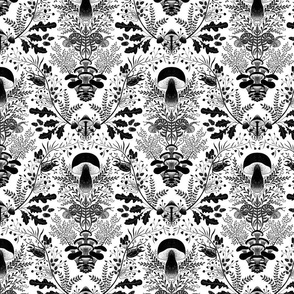 Mushroom_Forest_Damask pattern black and white  large