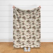 Jackalope Toile- Woodland in Spring- Burnt Almond Desert Sand Rabbit with Rose Quartz Marsala and Deep Olive Green Trees and Rose Bushes on Eggshell Background- Large Scale