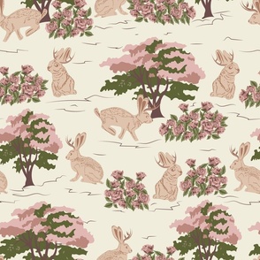 Jackalope Toile- Woodland in Spring- Burnt Almond Desert Sand Rabbit with Rose Quartz Marsala and Deep Olive Green Trees and Rose Bushes on Eggshell Background- Large Scale