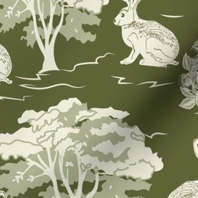 Jackalope Toile- Woodland in Spring- Pale Sage Eggshell Rabbit Trees and Rose bushes on Deep Olive Green Background- Large Scale