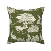 Jackalope Toile- Woodland in Spring- Pale Sage Eggshell Rabbit Trees and Rose bushes on Deep Olive Green Background- Large Scale