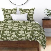 Jackalope Toile- Woodland in Spring- Pale Sage Eggshell Rabbit Trees and Rose bushes on Deep Olive Green Background- Large Scale