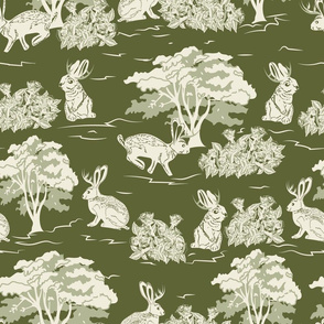 Jackalope Toile- Woodland in Spring- Pale Sage Eggshell Rabbit Trees and Rose bushes on Deep Olive Green Background- Large Scale