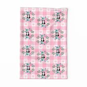 Pink Gingham Hearts Tea towel with dog in flowers