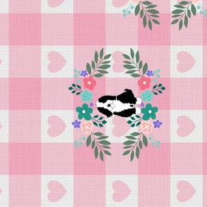 Pink Gingham Hearts Tea towel with dog in flowers