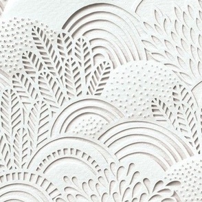 Paper Garden Faux Texture White- Hand Made Paper Cut Light Sienna-Beige- Cream Hue- Home Decor- Jumbo Scale Botanical Wallpaper- Large 