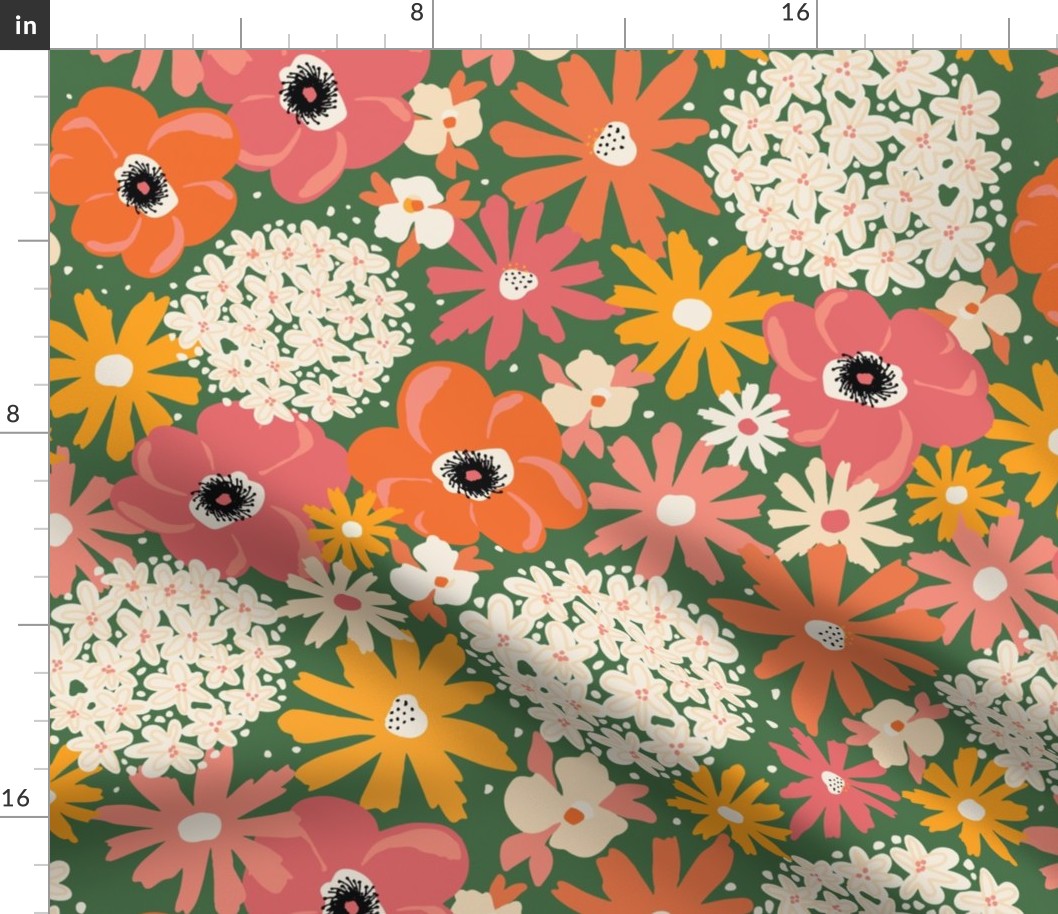 Spring Florals Green Pink White Orange