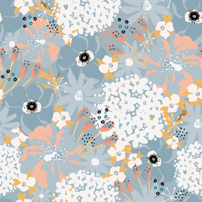 Abstract Blooming Florals Blue White