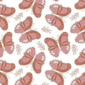 Seventies retro butterfly garden pink rust on white