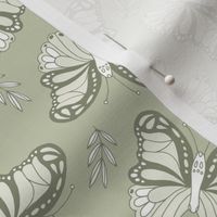 Seventies retro butterfly sage green olive white spring 