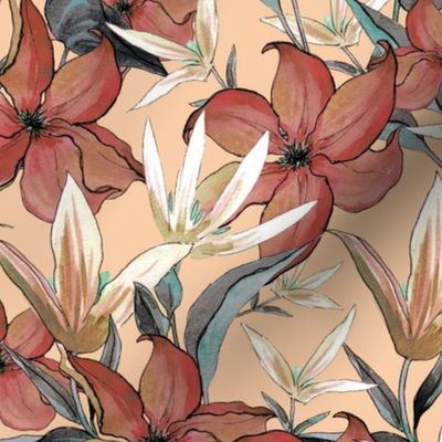  Clematis , Terracotta flowers on apricot background