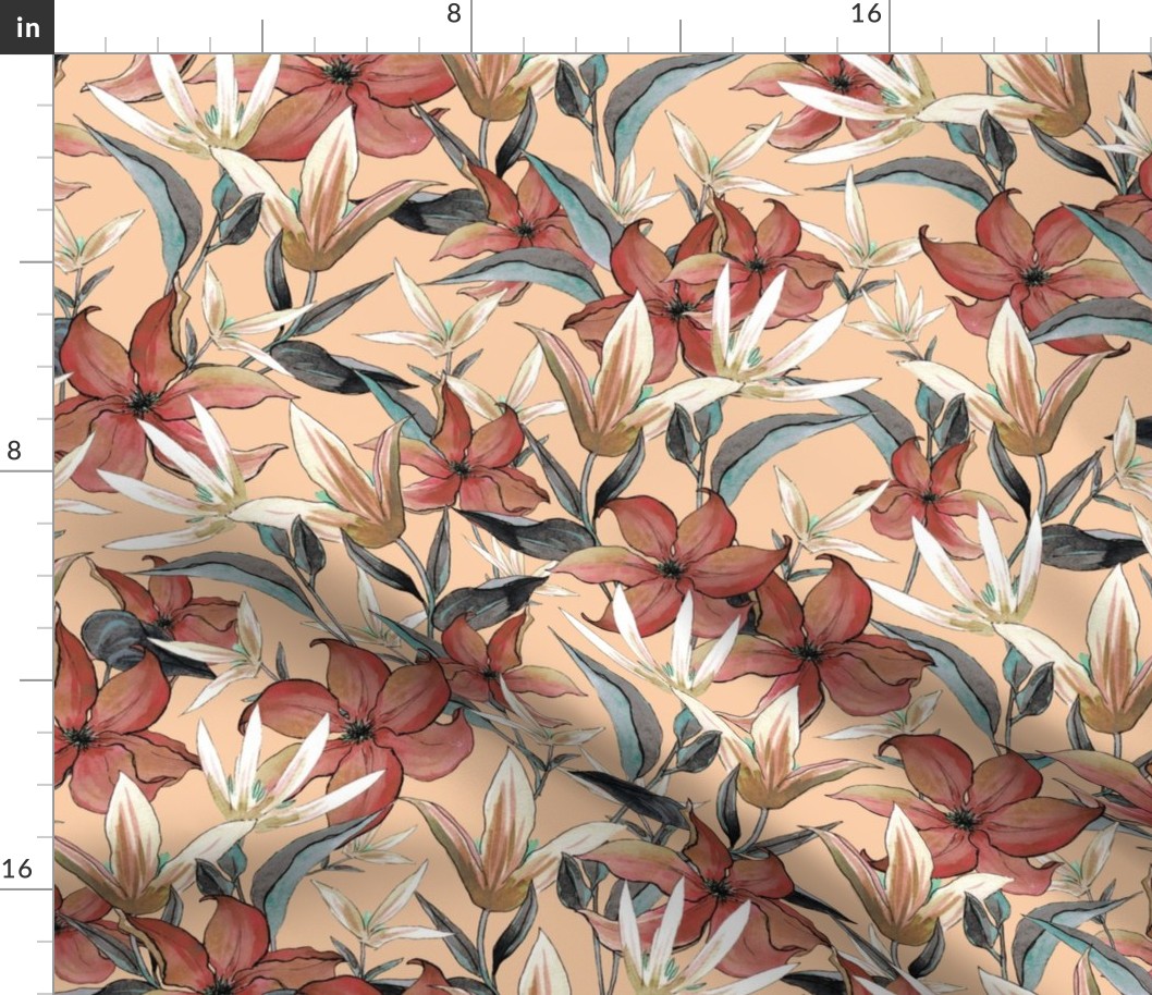  Clematis , Terracotta flowers on apricot background