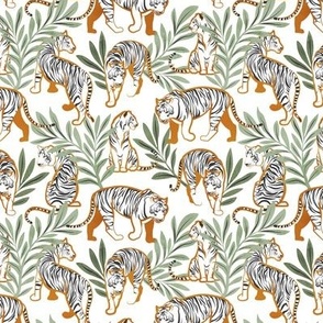 Tiny scale // Nouveau white tigers // white background olive green leaves orange lines white animals dark grey tiger stripes