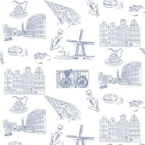 Netherlands Toile de Jouy blue ink  on white